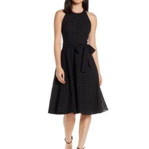 Charles Henry Belted and Flare Eyelet Midi Dress